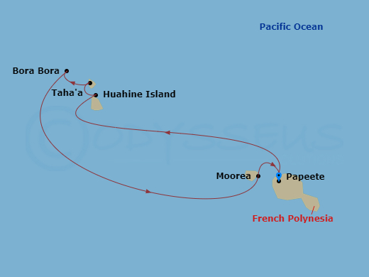 7 Night - Tahiti & the Society Islands - MS Paul Gauguin - Starting in Papeete, Tahiti Island, Huahine, Society Islands, Motu Mahana, Tahaa Island, Society Islands, Bora Bora, Society Islands, Moorea Island, Papeete, Tahiti Island itinerary map