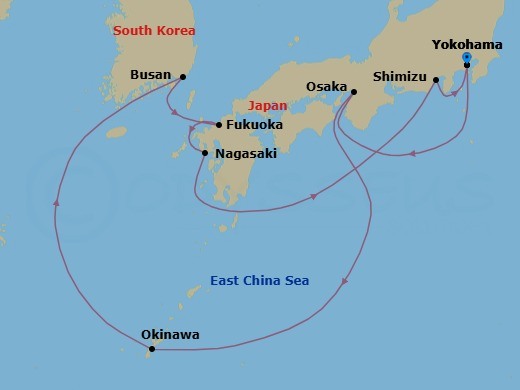 12 Night - Best of Japan : Gion Festival - Celebrity Solstice - Starting in Tokyo (Yokohama), Japan, Kyoto (Osaka), Japan, Okinawa, Japan, Busan, South Korea, Fukuoka, Japan, Nagasaki, Japan, Mount Fuji (Shimizu), Japan, Tokyo (Yokohama), Japan itinerary map