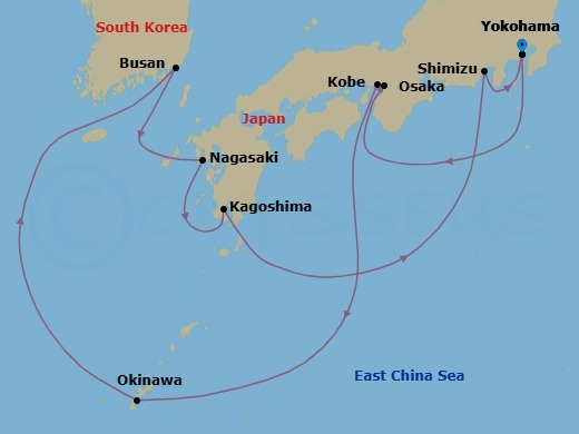 12 Night - Japan & Korea : Hydrangea Season - Celebrity Solstice - Starting in Tokyo (Yokohama), Japan, Kyoto (Osaka), Japan, Kobe, Japan, Okinawa, Japan, Busan, South Korea, Nagasaki, Japan, Kagoshima, Japan, Mount Fuji (Shimizu), Japan, Tokyo (Yokohama), Japan itinerary map