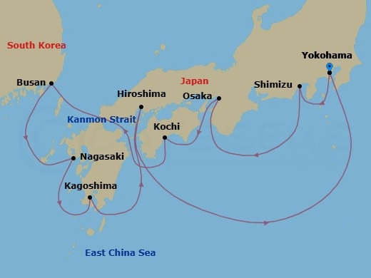 12 Night - Japan & Korea : Tokyo, Hiroshima - Celebrity Solstice - Starting in Tokyo (Yokohama), Japan, Mount Fuji (Shimizu), Japan, Kyoto (Osaka), Japan, Kochi, Japan, Busan, South Korea, Nagasaki, Japan, Kagoshima, Japan, Hiroshima, Japan, Tokyo (Yokohama), Japan itinerary map