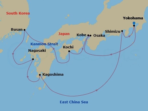 12 Night - Japan & Korea : Tokyo, Nagasaki - Celebrity Solstice - Starting in Tokyo (Yokohama), Japan, Kobe, Japan, Kyoto (Osaka), Japan, Kochi, Japan, Busan, South Korea, Nagasaki, Japan, Kagoshima, Japan, Mount Fuji (Shimizu), Japan, Tokyo (Yokohama), Japan itinerary map