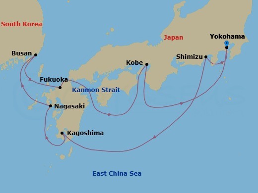 12 Night - Japan & Korea : Tokyo, Nagasaki - Celebrity Solstice - Starting in Tokyo (Yokohama), Japan, Mount Fuji (Shimizu), Japan, Kagoshima, Japan, Nagasaki, Japan, Busan, South Korea, Fukuoka, Japan, Kobe, Japan, Tokyo (Yokohama), Japan itinerary map