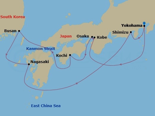 10 Night - Japan Cherry Blossoms - Celebrity Solstice - Starting in Tokyo (Yokohama), Japan, Kyoto (Osaka), Japan, Kobe, Japan, Kochi, Japan, Busan, South Korea, Nagasaki, Japan, Mount Fuji (Shimizu), Japan, Tokyo (Yokohama), Japan itinerary map