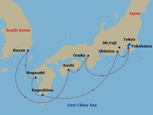 12 Night - Japan & Korea : Tokyo, Nagasaki - Celebrity Solstice - Starting in Tokyo (Yokohama), Japan, Kyoto (Osaka), Japan, Kochi, Japan, Busan, South Korea, Nagasaki, Japan, Kagoshima, Japan, Mount Fuji (Shimizu), Japan, Tokyo (Yokohama), Japan itinerary map