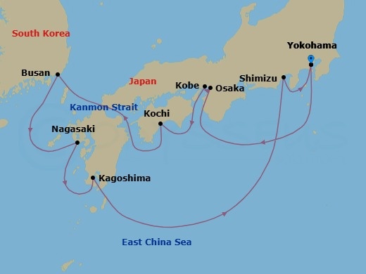 12 Night - Japan & Korea : Tokyo, Nagasaki - Celebrity Solstice - Starting in Tokyo (Yokohama), Japan, Kyoto (Osaka), Japan, Kobe, Japan, Kochi, Japan, Busan, South Korea, Nagasaki, Japan, Kagoshima, Japan, Mount Fuji (Shimizu), Japan, Tokyo (Yokohama), Japan itinerary map