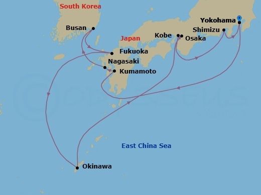 13 Night - Japan & Korea : Hydrangea Season - Celebrity Solstice - Starting in Tokyo (Yokohama), Japan, Kumamoto (Yatsushiro), Japan, Nagasaki, Japan, Busan, South Korea, Fukuoka, Japan, Okinawa, Japan, Kyoto (Osaka), Japan, Kobe, Japan, Mount Fuji (Shimizu), Japan, Tokyo (Yokohama), Japan itinerary map