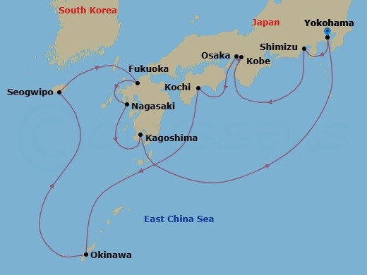 14 Night - Japan & Korea : Tokyo, Okinawa - Celebrity Solstice - Starting in Tokyo (Yokohama), Japan, Mount Fuji (Shimizu), Japan, Kyoto (Osaka), Japan, Kobe, Japan, Kochi, Japan, Okinawa, Japan, Jeju (Seogwipo), South Korea, Fukuoka, Japan, Nagasaki, Japan, Kagoshima, Japan, Tokyo (Yokohama), Japan itinerary map