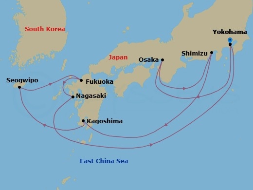 11 Night - Best of Japan : Golden Week - Celebrity Solstice - Starting in Tokyo (Yokohama), Japan, Kyoto (Osaka), Japan, Mount Fuji (Shimizu), Japan, Kagoshima, Japan, Jeju (Seogwipo), South Korea, Fukuoka, Japan, Nagasaki, Japan, Tokyo (Yokohama), Japan itinerary map