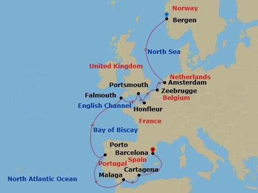 14 Night - Trade Routes of the Middle Ages - Viking Lyra - Starting in Bergen, Sail the North Sea, Amsterdam, Bruges (Zeebrugge), Paris (Honfleur), Portsmouth UK, Falmouth, Sail the Atlantic Ocean, Porto, Sail the Atlantic Ocean, Granada (Malaga), Murcia (Cartagena ES, Spain), Barcelona itinerary map