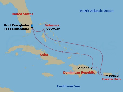 6 Night - Caribbean & Perfect Day - Legend of the Seas - Starting in Fort Lauderdale, Florida, Perfect Day Cococay, Bahamas, Ponce, Puerto Rico, Samana, Dominican Republic, Fort Lauderdale, Florida itinerary map