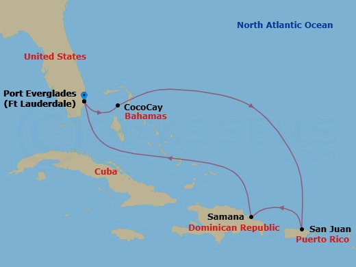6 Night - Caribbean & Perfect Day - Legend of the Seas - Starting in Fort Lauderdale, Florida, Perfect Day Cococay, Bahamas, San Juan, Puerto Rico, Samana, Dominican Republic, Fort Lauderdale, Florida itinerary map
