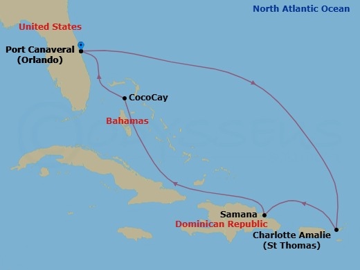 7 Night - Perfect Day Cococay & East Carib - Star of the Seas - Starting in Orlando (Port Canaveral), Fl, Charlotte Amalie, St Thomas, Samana, Dominican Republic, Perfect Day Cococay, Bahamas, Orlando (Port Canaveral), Fl itinerary map