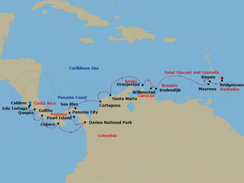 18 Night - Discover the Secrets of Costa Rica and Panama - Emerald Azzurra - Starting in Puerto Caldera, Costa Rica, Curu and Isla Tortuga, Costa Rica, Quepos, Costa Rica, Golfito, Costa Rica, Isla Cebaco, Panama, Playa del Muerto / Darien National Park, Panama, Pearl Islands, Panama, Panama City, Panama, Transit Panama Canal / at Sea, San Blas Islands, Panama, Cartagena CO, Santa Marta, Colombia, Oranjestad, Aruba, Willemstad AN, Curacao, Kralendijk, Bonaire, Mayreau Island, Saint Vincent and the Grenadines, Bequia Island, Saint Vincent and the Grenadines, Bridgetown, Barbados itinerary map
