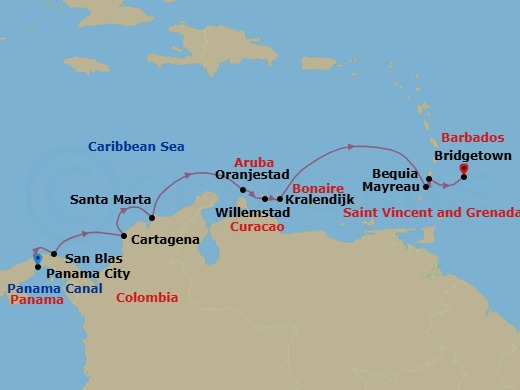 11 Night - Panama Canal Transit, Colombia & the Grenadines - Emerald Azzurra - Starting in Panama City, Panama, Transit Panama Canal / at Sea, San Blas Islands, Panama, Cartagena CO, Santa Marta, Colombia, Oranjestad, Aruba, Willemstad AN, Curacao, Kralendijk, Bonaire, Mayreau Island, Saint Vincent and the Grenadines, Bequia Island, Saint Vincent and the Grenadines, Bridgetown, Barbados itinerary map