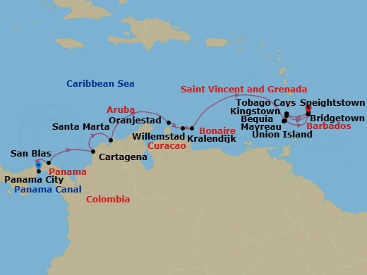 18 Night - Discover Panama, Costa Rica and Barbados - Emerald Azzurra - Starting in Panama City, Panama, Transit Panama Canal / at Sea, San Blas Islands, Panama, Cartagena CO, Santa Marta, Colombia, Oranjestad, Aruba, Willemstad AN, Curacao, Kralendijk, Bonaire, Mayreau Island, Saint Vincent and the Grenadines, Bequia Island, Saint Vincent and the Grenadines, Bridgetown, Barbados, Bridgetown / Speightstown, Barbados, Kingstown / Bequia Island, Saint Vincent, The Grenadines, Bequia Island / Mayreau Island, Saint Vincent, The Grenadines, Mayreau Island / Union Island, Saint Vincent and the Grenadines, Union Island, Saint Vincent, The Grenadines, Union Island / Tobago Cays, Saint Vincent, The Grenadines, Bridgetown, Barbados itinerary map