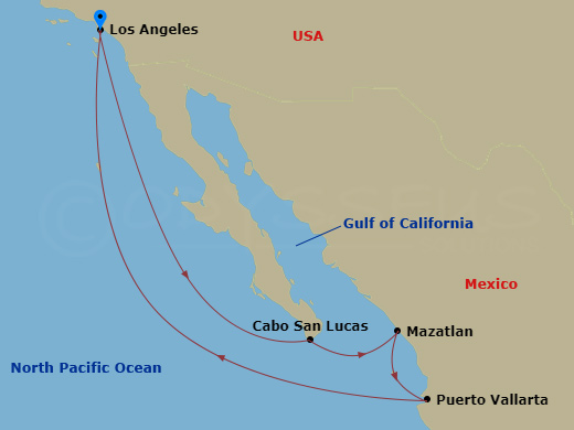 7 Night - Mexican Riviera - Discovery Princess - Starting in Los Angeles, California, Cabo San Lucas, Mexico, Mazatlan, Mexico, Puerto Vallarta, Mexico, Los Angeles, California itinerary map
