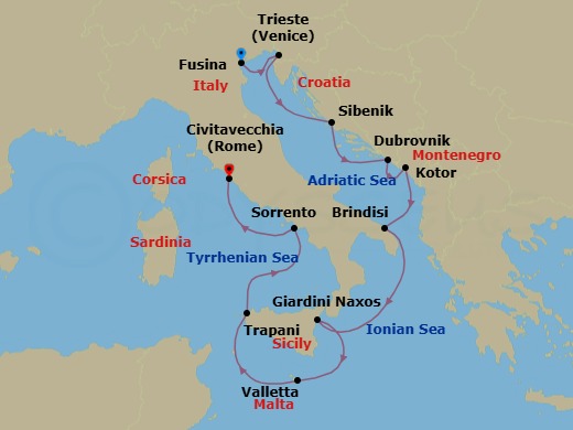 12 Night - Fusina to Civitavecchia - Silver Dawn - Starting in Fusina (Venice), Trieste, Sibenik, Dubrovnik, Croatia, Kotor, Brindisi, Giardini Naxos (Sicily), Valletta, Trapani, Sicily, Sorrento, Civitavecchia (Rome) itinerary map