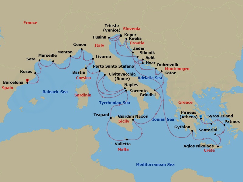 36 Night - Europe from Athens to Barcelona - Silver Dawn - Starting in Athens, Syros, Patmos, Santorini, Aghios Nikolaos, Gythion, Split, Hvar, Zadar, Rijeka, Koper, Fusina, Trieste, Sibenik, Dubrovnik, Croatia, Kotor, Brindisi, Giardini Naxos, Valletta, Trapani, Sorrento, Civitavecchia, Naples, Porto Santo Stefano, Bastia, Livorno, Genoa, Menton, Marseille, Sete, Roses, Barcelona itinerary map