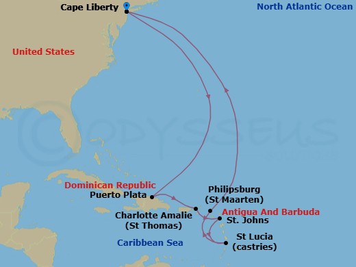 12 Night - Southern Caribbean Cruise - Odyssey of the Seas - Starting in Cape Liberty, Nj (Ny Metro), Puerto Plata, Dominican Republic, Charlotte Amalie, St Thomas, St Johns AG, Antigua, Castries, St Lucia, Philipsburg, St Maarten, Cape Liberty, Nj (Ny Metro) itinerary map