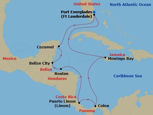 14 Night - Panama Canal & Central America - Viking Mars - Starting in Fort Lauderdale, Florida, Sail the Caribbean Sea, Cozumel, Mexico, Belize City, Roatan, Sail the Caribbean Sea, Puerto Limon, Colon, Scenic Sailing Panama Canal, Sail the Caribbean Sea, Montego Bay, Sail the Caribbean Sea, Fort Lauderdale, Florida itinerary map
