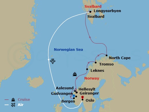 15 Night - Norwegian Fjords, Wildlife of Svalbard & the Arctic - Scenic Eclipse - Starting in Bergen, Gudvangen, Alesund, Hellesylt / Geiranger, Leknes, Lofoten Islands, Tromso, Cruising North Cape, Svalbard, Longyearbyen / Oslo, Norway, Oslo, Norway itinerary map