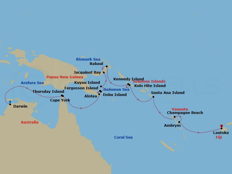 18 Night - Darwin to Lautoka - Silver Cloud - Starting in Darwin, Cape York, Thursday Island, Alotau, Dei Dei Hot Springs, Fergusson Island, Dobu Island, Kuiawa Island, Jacquinot Bay, Rabaul, Kennedy Island, Kolo Hite Island, Santa Ana, Champagne Beach, Ambrym Island, Lautoka itinerary map