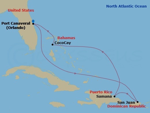 7 Night - Eastern Caribbean & Perfect Day - Harmony of the Seas - Starting in Orlando (Port Canaveral), Fl, San Juan, Puerto Rico, Samana, Dominican Republic, Perfect Day Cococay, Bahamas, Orlando (Port Canaveral), Fl itinerary map