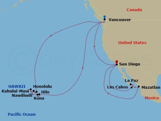 28 Night - Circle Hawaii, Pacific Coastal & Sea of Cortez - Koningsdam - Starting in Vancouver, BC, CA, Kahului, Maui, Honolulu, Hawaii, Nawiliwili, Kauai, Hawaii, Kona, Hawaii, Hilo, Hawaii, Vancouver, BC, CA, San Diego, California, Mazatlan, Mexico, Pichilingue (La Paz), Mexico, Cabo San Lucas, Mexico, San Diego, California itinerary map