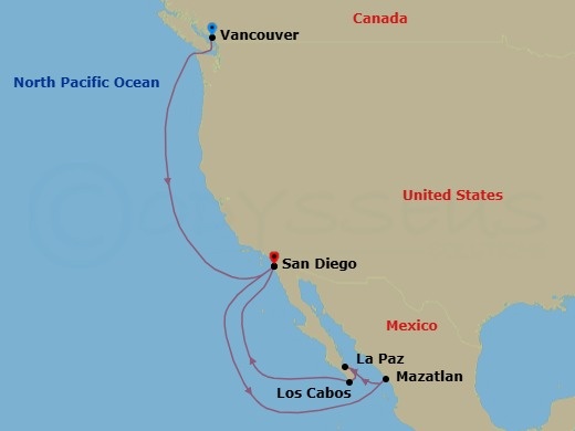 11 Night - Baja Peninsula & Pacific Coast - Koningsdam - Starting in Vancouver, BC, CA, San Diego, California, Mazatlan, Mexico, Pichilingue (La Paz), Mexico, Cabo San Lucas, Mexico, San Diego, California itinerary map