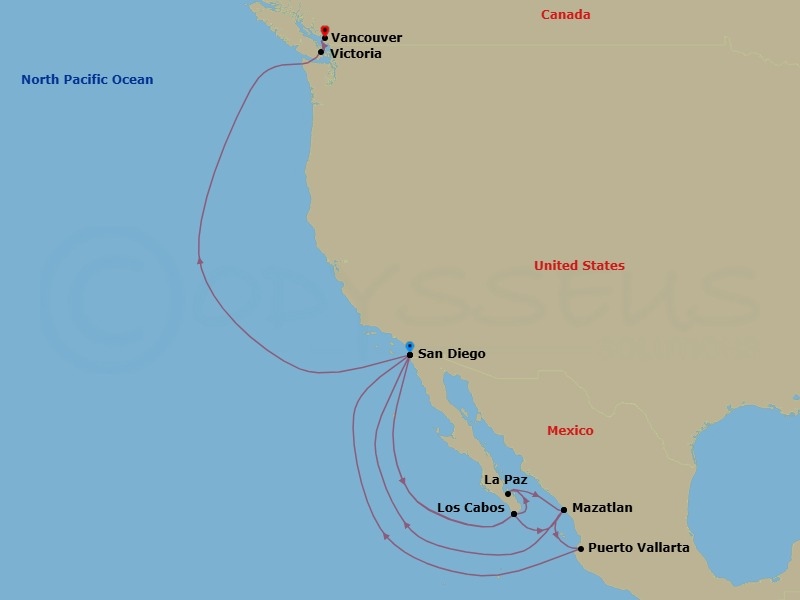 18 Night - Baja Peninsula, Mexican Riviera & Pacific Coast - Koningsdam - Starting in San Diego, California, Cabo San Lucas, Mexico, Pichilingue (La Paz), Mexico, Mazatlan, Mexico, San Diego, California, Cabo San Lucas, Mexico, Mazatlan, Mexico, Puerto Vallarta, Mexico, San Diego, California, Victoria CA, Canada, Vancouver, BC, CA itinerary map
