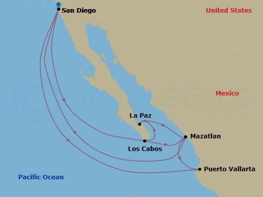 14 Night - Mexican Riviera & Baja Peninsula - Koningsdam - Starting in San Diego, California, Cabo San Lucas, Mexico, Pichilingue (La Paz), Mexico, Mazatlan, Mexico, San Diego, California, Cabo San Lucas, Mexico, Mazatlan, Mexico, Puerto Vallarta, Mexico, San Diego, California itinerary map