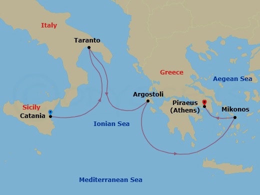 4 Night - Eastern Mediterranean from Catania - Costa Fascinosa - Starting in Catania, Taranto, Argostoli (Cephalonia), Mykonos, Piraeus (Athens) itinerary map