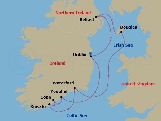 7 Night - Cruise Roundtrip from Dublin - SeaDream I - Starting in Dublin (Dun Laoghaire), Belfast, Northern Ireland, Port Douglas, Isle of Man, Waterford, Kinsale, Cork (Cobh), Youghal, Dublin (Dun Laoghaire) itinerary map