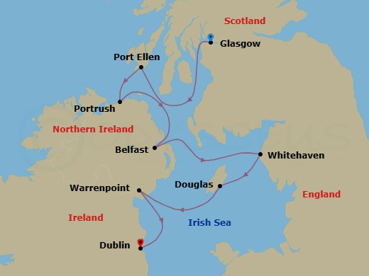 7 Night - Cruise from Glasgow to Dublin - SeaDream I - Starting in Glasgow (Troon), Port Ellen, Isle of Islay, Scotland, Portrush, Northern Ireland, Belfast, Northern Ireland, Whitehaven, Port Douglas, Isle of Man, Warrenpoint, Northern Ireland, Dublin (Dun Laoghaire) itinerary map