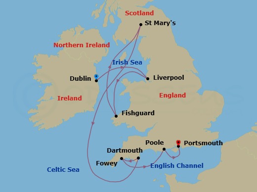 7 Night - Cruise from Dublin to Portsmouth - SeaDream I - Starting in Dublin (Dun Laoghaire), Liverpool, England, Fishguard, Wales, St Marys, Isles of Scilly, Dartmouth, England, Fowey, Poole, England, Portsmouth UK itinerary map