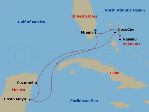 7 Night - Caribbean & Perfect Day - Allure of the Seas - Starting in Miami, Florida, Nassau, Bahamas, Perfect Day Cococay, Bahamas, Cozumel, Mexico, Puerto Costa Maya, Mexico, Miami, Florida itinerary map