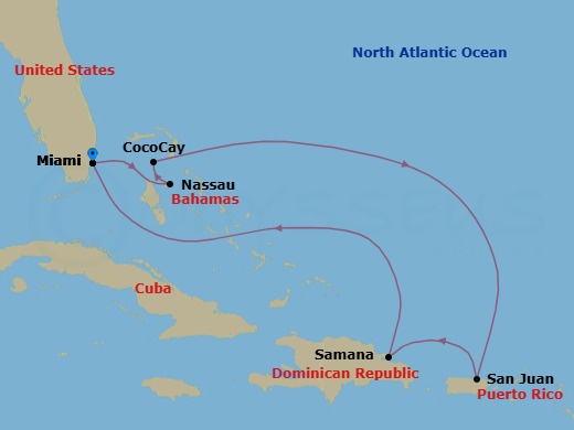 7 Night - Caribbean & Perfect Day - Allure of the Seas - Starting in Miami, Florida, Nassau, Bahamas, Perfect Day Cococay, Bahamas, San Juan, Puerto Rico, Samana, Dominican Republic, Miami, Florida itinerary map