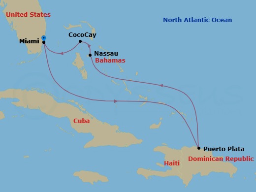 6 Night - Eastern Caribbean & Perfect Day - Allure of the Seas - Starting in Miami, Florida, Puerto Plata, Dominican Republic, Nassau, Bahamas, Perfect Day Cococay, Bahamas, Miami, Florida itinerary map