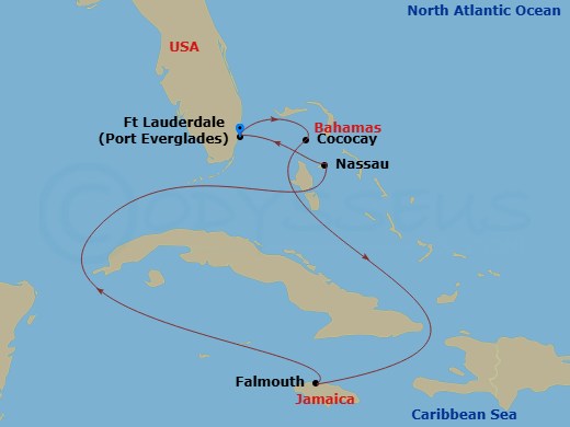 6 Night - Perfect Day Cococay & West Carib - Allure of the Seas - Starting in Fort Lauderdale, Florida, Perfect Day Cococay, Bahamas, Falmouth, Jamaica, Nassau, Bahamas, Fort Lauderdale, Florida itinerary map
