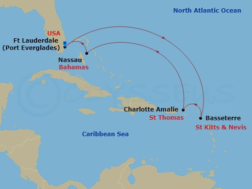 7 Night - Eastern Caribbean Cruise - Allure of the Seas - Starting in Fort Lauderdale, Florida, Basseterre, St Kitts and Nevis, Charlotte Amalie, St Thomas, Nassau, Bahamas, Fort Lauderdale, Florida itinerary map