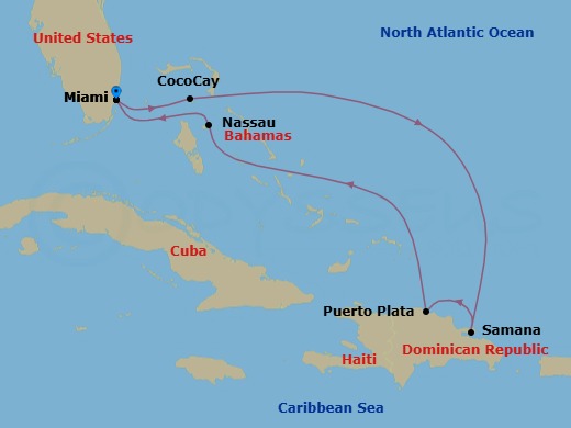 7 Night - Perfect Day Cococay & East Carib - Allure of the Seas - Starting in Miami, Florida, Perfect Day Cococay, Bahamas, Samana, Dominican Republic, Puerto Plata, Dominican Republic, Nassau, Bahamas, Miami, Florida itinerary map