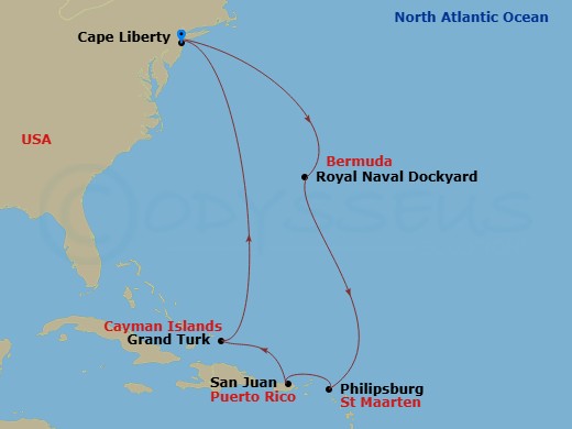9 Night - Bermuda & Eastern Caribbean - Independence of the Seas - Starting in Cape Liberty, Nj (Ny Metro), Royal Naval Dockyard, Bermuda, Philipsburg, St Maarten, San Juan, Puerto Rico, Grand Turk, Turks and Caicos, Cape Liberty, Nj (Ny Metro) itinerary map