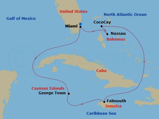 7 Night - Perfect Day Cococay & West Carib - Independence of the Seas - Starting in Miami, Florida, Nassau, Bahamas, Perfect Day Cococay, Bahamas, Falmouth, Jamaica, George Town, Grand Cayman, Miami, Florida itinerary map