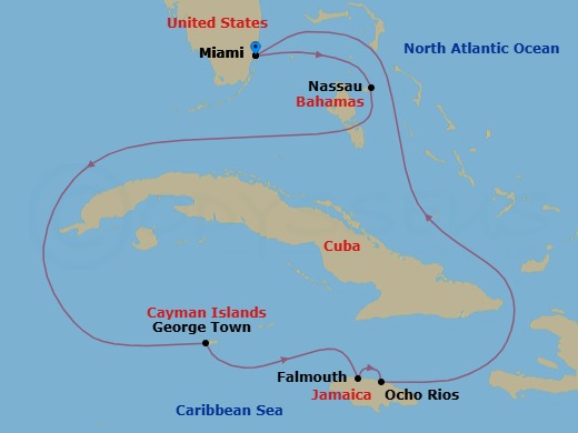 7 Night - Western Caribbean Cruise - Independence of the Seas - Starting in Miami, Florida, Nassau, Bahamas, George Town, Grand Cayman, Falmouth, Jamaica, Ocho Rios, Jamaica, Miami, Florida itinerary map