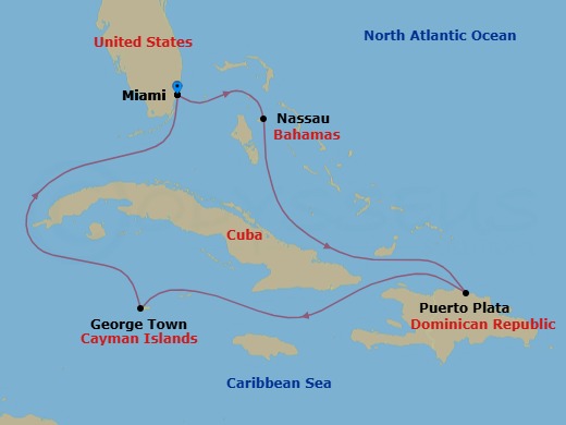 7 Night - Western Caribbean Cruise - Independence of the Seas - Starting in Miami, Florida, Nassau, Bahamas, Puerto Plata, Dominican Republic, George Town, Grand Cayman, Miami, Florida itinerary map