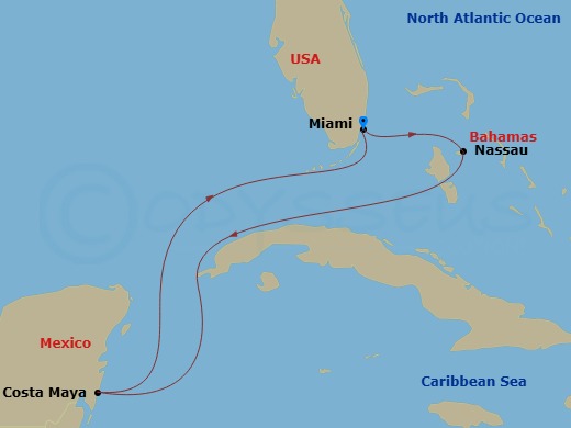 5 Night - Caribbean Getaway Cruise - Freedom of the Seas - Starting in Miami, Florida, Nassau, Bahamas, Puerto Costa Maya, Mexico, Miami, Florida itinerary map