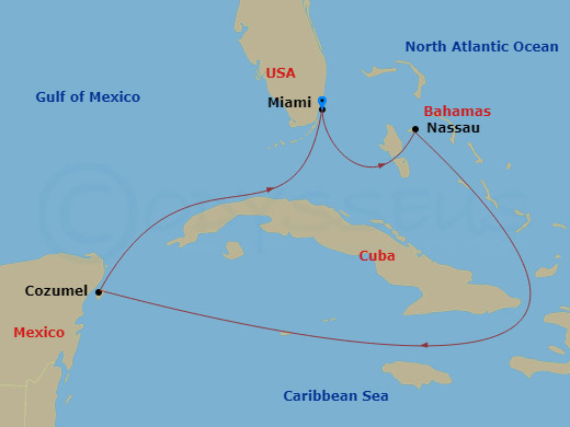 5 Night - Caribbean Getaway Cruise - Freedom of the Seas - Starting in Miami, Florida, Nassau, Bahamas, Cozumel, Mexico, Miami, Florida itinerary map