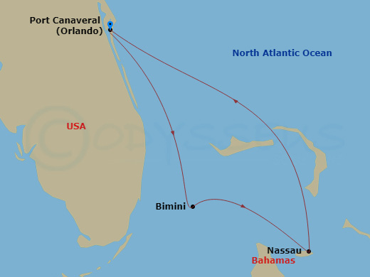 4 Night - Caribbean Getaway Cruise - Explorer of the Seas - Starting in Orlando (Port Canaveral), Fl, Bimini, Bahamas, Nassau, Bahamas, Orlando (Port Canaveral), Fl itinerary map