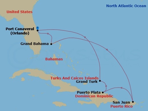 7 Night - Eastern Caribbean Holiday - Explorer of the Seas - Starting in Orlando (Port Canaveral), Fl, Grand Bahama Island, Bahamas, San Juan, Puerto Rico, Puerto Plata, Dominican Republic, Grand Turk, Turks and Caicos, Orlando (Port Canaveral), Fl itinerary map