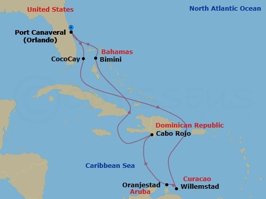 9 Night - Southern Caribbean & Perfect Day - Explorer of the Seas - Starting in Orlando (Port Canaveral), Fl, Bimini, Bahamas, Willemstad AN, Curacao, Oranjestad, Aruba, Cabo Rojo, Dominican Republic, Perfect Day Cococay, Bahamas, Orlando (Port Canaveral), Fl itinerary map